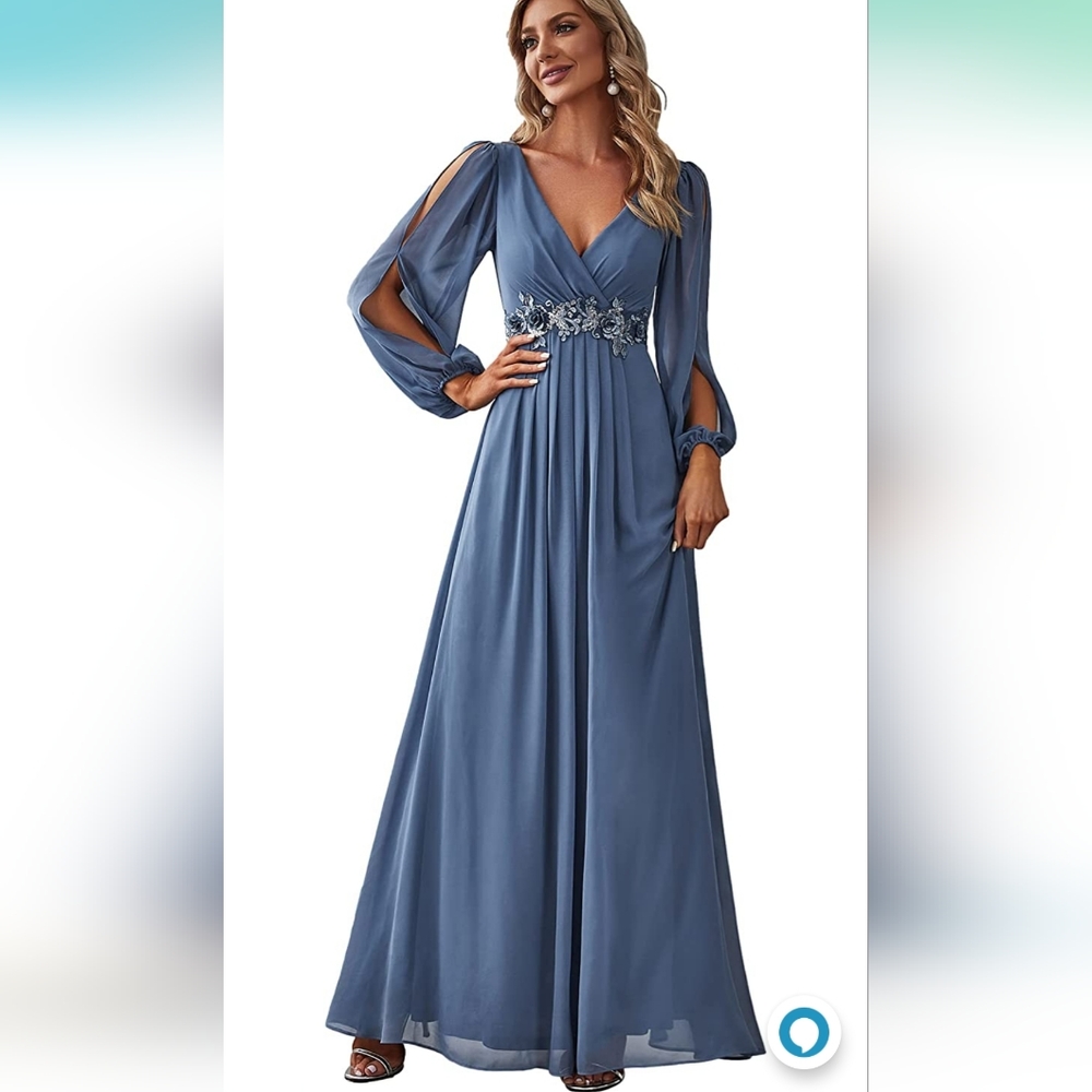 Ever-Pretty V-neck Long Sleeve A-line Chiffon Floor Length Dress